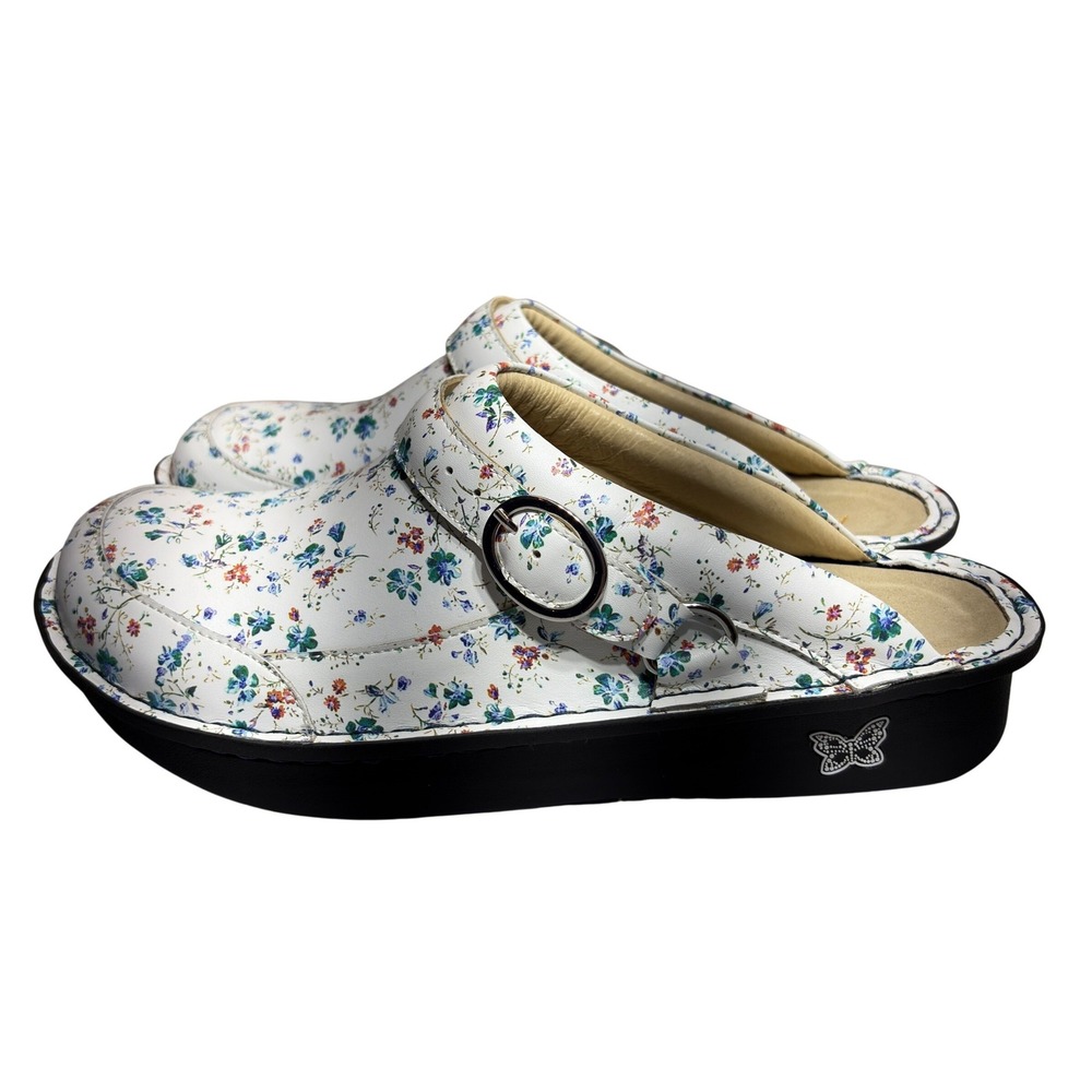 Alegria Seville Clogs Womens 12.5-13 White Floral Leather Adjustable Strap Mules